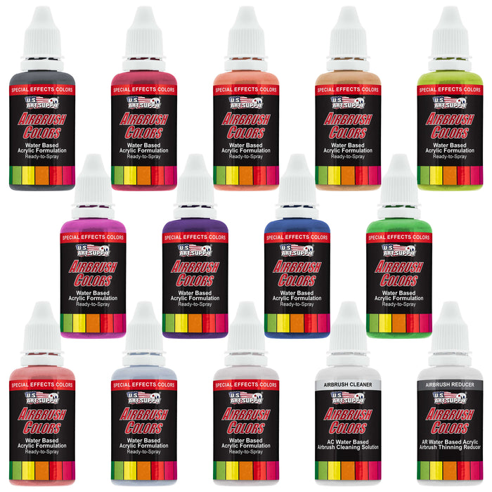 12 Color Pearlized Acrylic Airbrush Paint Set; Pearl Colors plus Reducer & Cleaner, 1 oz. Bottles