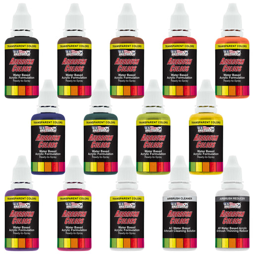 12 Color Acrylic Transparent Colors Airbrush Paint Set with Reducer & Cleaner, Ready to Spray, 1 oz. Bottles
