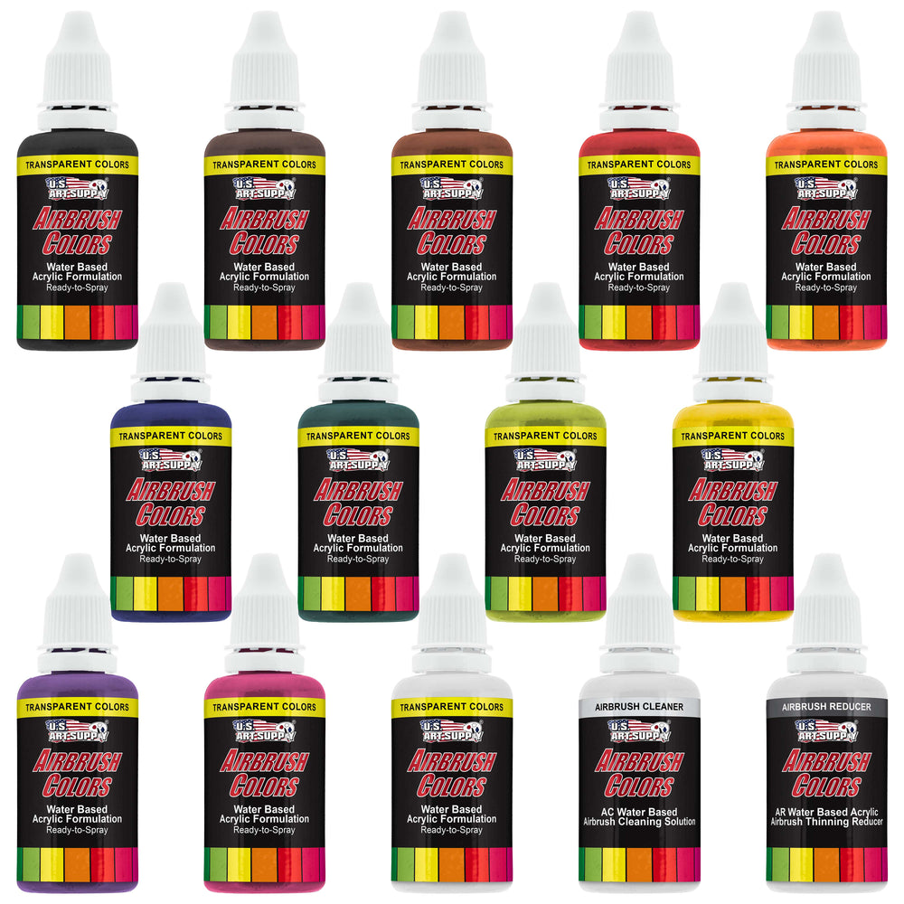 12 Color Acrylic Transparent Colors Airbrush Paint Set with Reducer & Cleaner, 1 oz. Bottles