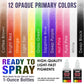 12 Color Primary Opaque Acrylic Airbrush Paint Set with Reducer & Cleaner, Ready to Spray, 1 oz. Bottles