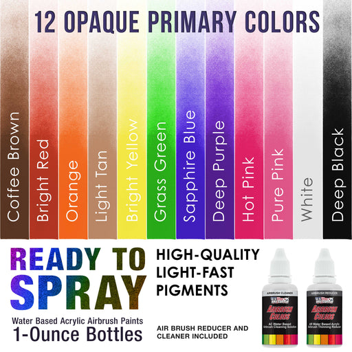 12 Color Primary Opaque Acrylic Airbrush Paint Set with Reducer & Cleaner, Ready to Spray, 1 oz. Bottles