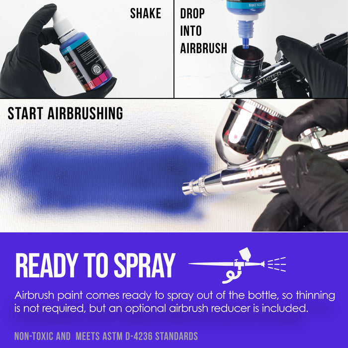 Airbrush Paint Set - 12 Color Primary Opaque with Reducer & Cleaner, Ready to Spray Air brush Paint, 1-Ounce Water-Based Acrylic for Painting Metal