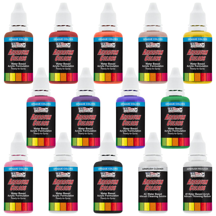 12 Color Primary Opaque Colors Acrylic Airbrush Paint Set with Reducer & Cleaner, 1 oz. Bottles