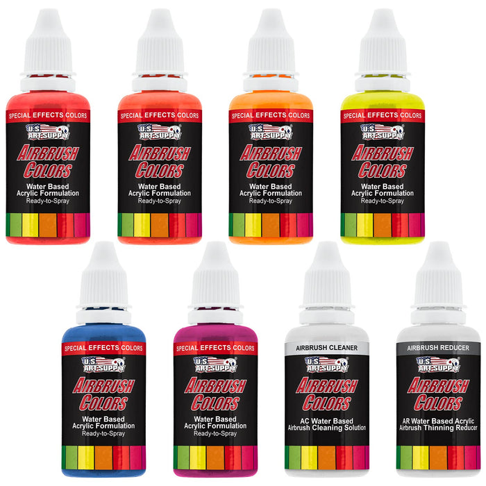 6 Color Fluorescent Acrylic Neon Colors Airbrush Paint Set with Reducer & Cleaner, 1 oz. Bottles