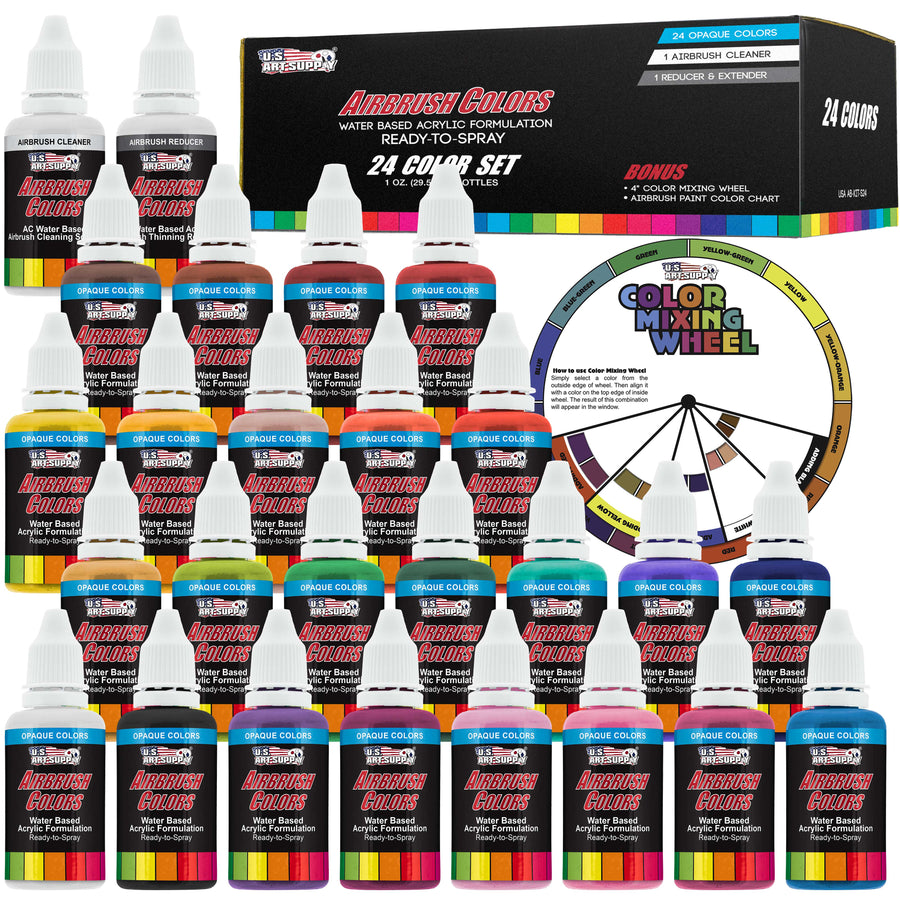 Manufacturer photo of the U.S. Art Supply 24-color opaque set with its 24 bottles, cleaner, reducer, and color wheel