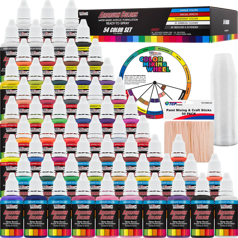 54 Color Acrylic Airbrush Paint Set; Opaque, Transparent, Pearl and Fluorescent Colors plus Reducer, Cleaner, Mixing Supplies & Color Mixing Wheel