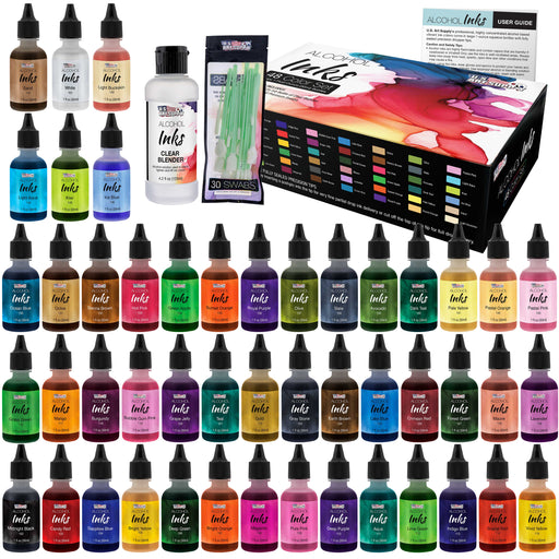 48 Color Alcohol Ink Set - Huge 30ml Triple Sized 1-oz Bottles - Includes 4-oz Blender & 30 Swabs - Vibrant Highly Concentrated Pigment Dye Paint