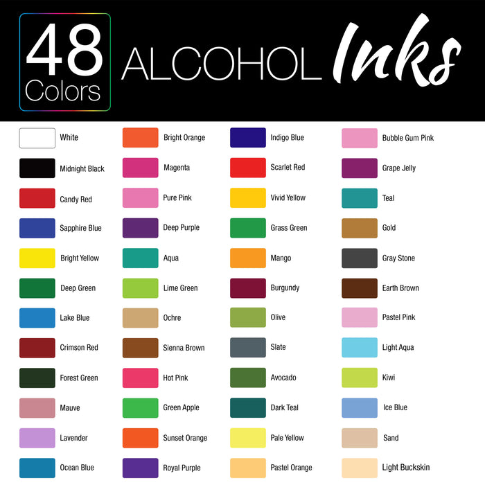 48 Color Alcohol Ink Set - Huge 30ml Triple Sized 1-oz Bottles - Includes 4-oz Blender & 30 Swabs - Vibrant Highly Concentrated Pigment Dye Paint