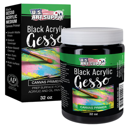Black Gesso Primer - 32oz, for Oil & Acrylic Paint - Superior Coverage, Canvas Prep, Mixable White Gesso Paint Artists