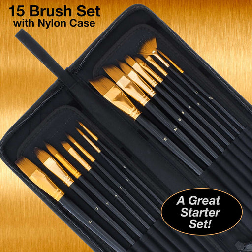 15 Piece Artist Long Handle Paint Brush Set in Zippered Nylon Pop-Up Travel Storage Case