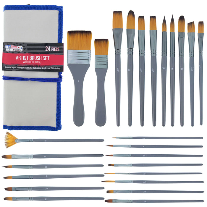 24-Piece Artist Paint Brush Set, Pro Taklon Synthetic Brushes, Case — U.S.  Art Supply