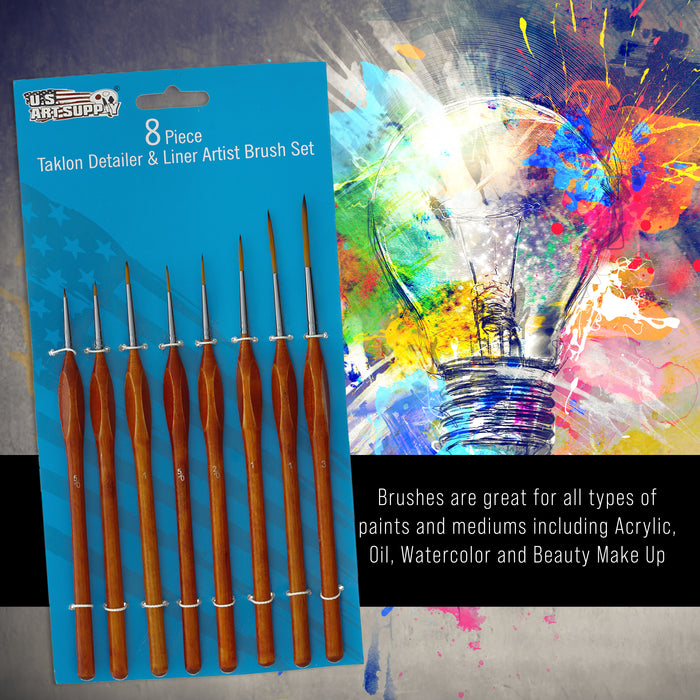 U.S. Art Supply 8 Piece Taklon Detail and Liner Artist Brush Set with Wood Comfort Grip Handles - Art, Detailing, Acrylic, Oil, Watercolor