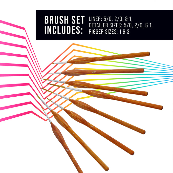 U.S. Art Supply 8 Piece Taklon Detail and Liner Artist Brush Set with Wood Comfort Grip Handles - Art, Detailing, Acrylic, Oil, Watercolor