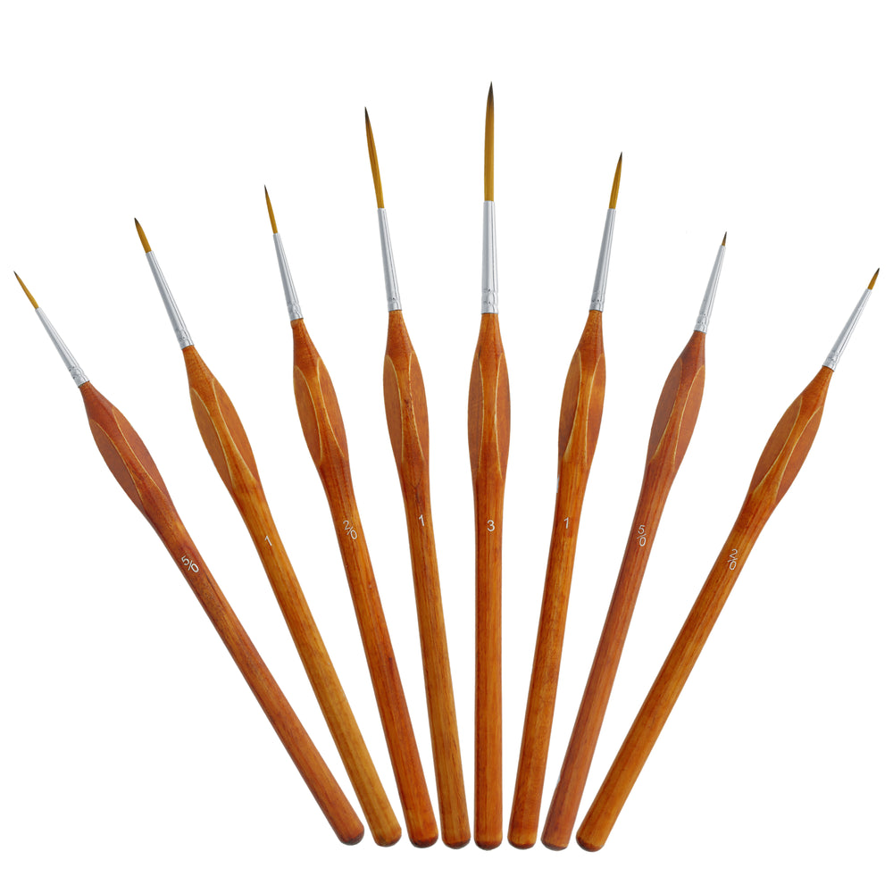 U.S. Art Supply 8 Piece Taklon Detail and Liner Artist Brush Set with Wood Comfort Grip Handles - Art, Detailing, Acrylic, Oil, Watercolor
