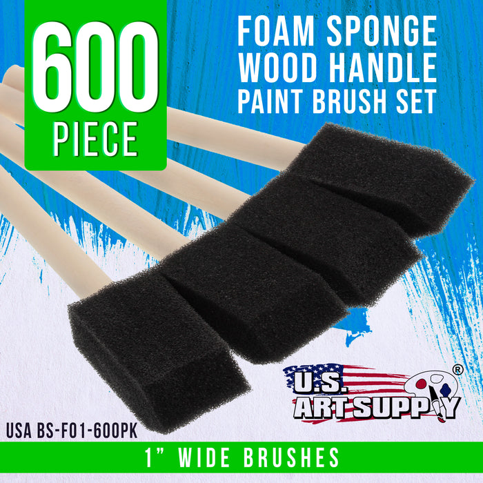 1 inch Foam Sponge Wood Handle Paint Brush Set (Full Case of 600) - Lightweight, durable and great for Acrylics, Stains, Varnishes, Crafts, Art