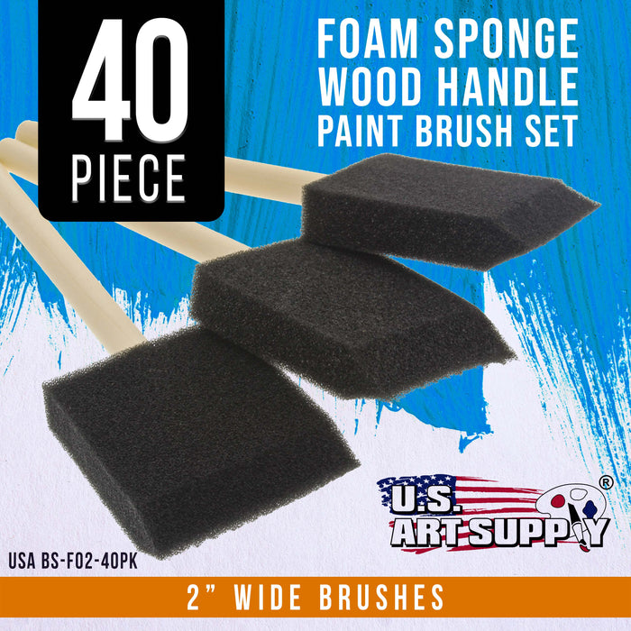 2 inch Foam Sponge Wood Handle Paint Brush Set (Value Pack of 40) - Lightweight, durable and great for Acrylics, Stains, Varnishes, Crafts, Art