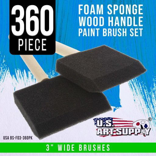 3 inch Foam Sponge Wood Handle Paint Brush Set (Case of 360) - Lightweight, durable and great for Acrylics, Stains, Varnishes, Crafts, Art