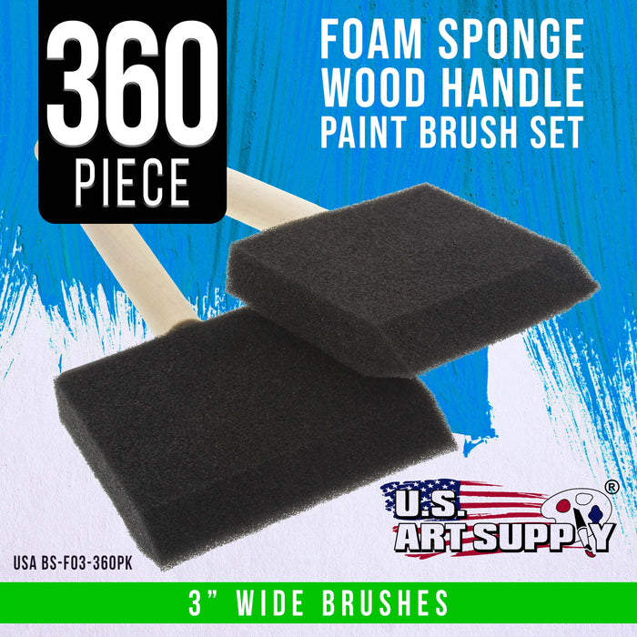 3 inch Foam Sponge Wood Handle Paint Brush Set (Case of 360) - Lightweight, durable and great for Acrylics, Stains, Varnishes, Crafts, Art