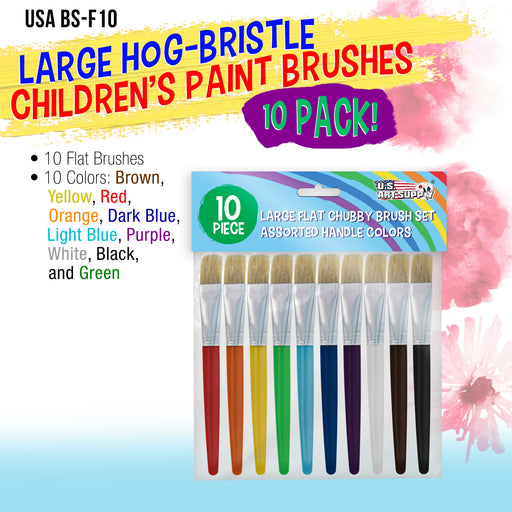 U.S. Art Supply 10-Piece Large Flat Children's Chubby Hog Bristle Tempera Paint Brush Set - Fun Kid's Party, School, Student, Class Craft Painting