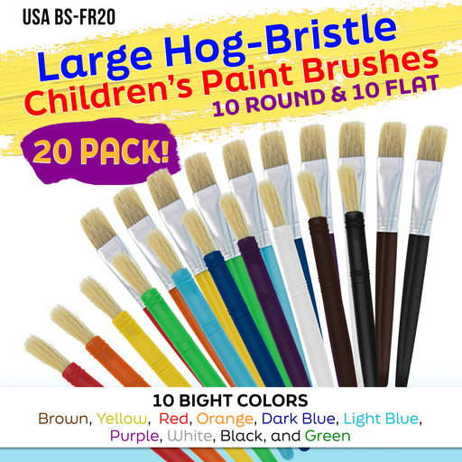 20-Piece Assorted Hog Bristle Brush Set - Large Thick Paint Brushes, Classroom Paint Brushes for Crafts, Tempera & Acrylic Painting, Ideal for Beginners & Students