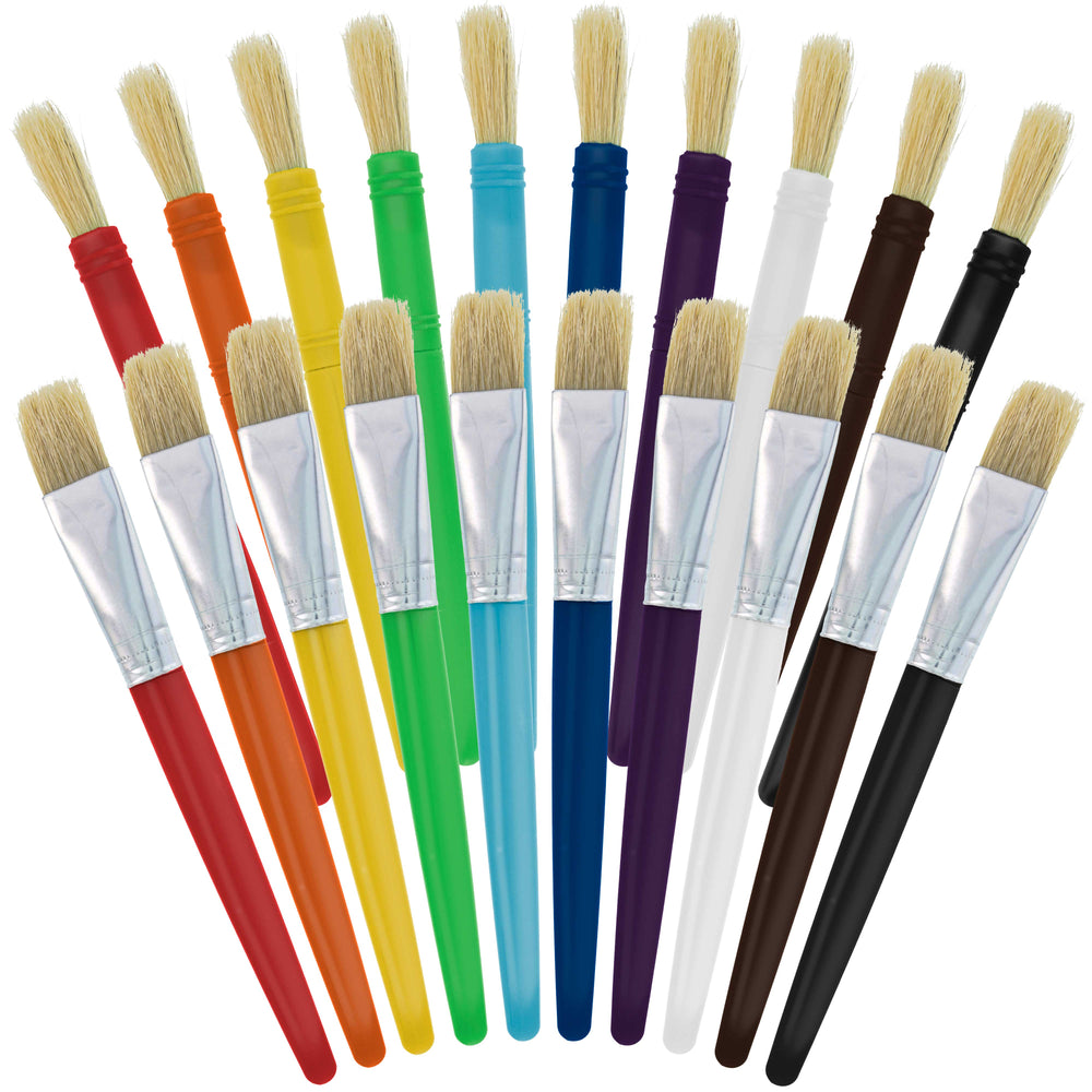 U.S. Art Supply 20-Piece Large Round and Flat Children's Hog Bristle Tempera Paint Brush Set - Fun Kid's Party, School, Student, Class Craft Painting