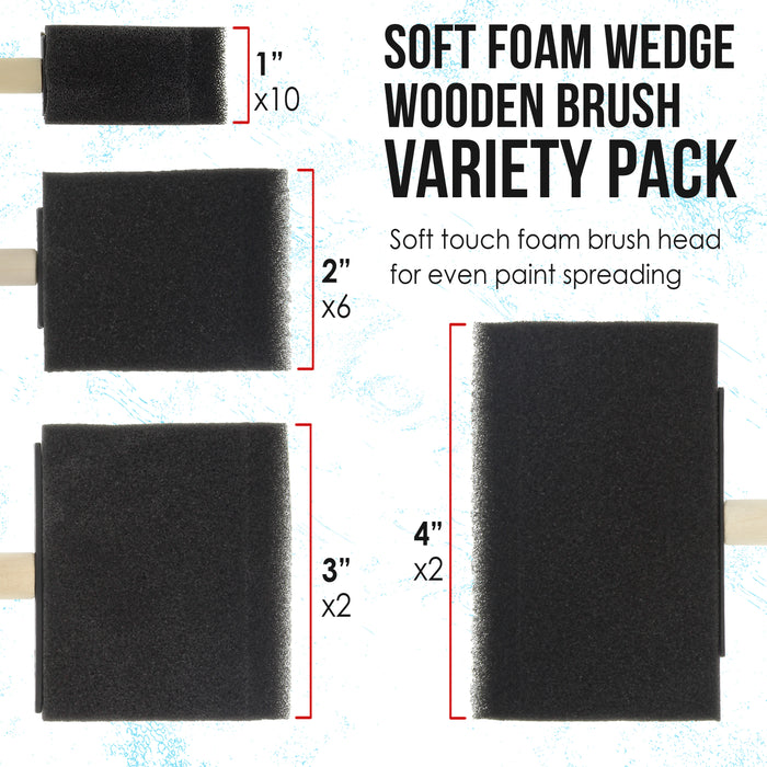 Variety Pack Foam Sponge Wood Handle Paint Brush Set, Value Pack of 20 Brushes - Lightweight, Durable & Great for Acrylics Stains Varnishes Crafts Art
