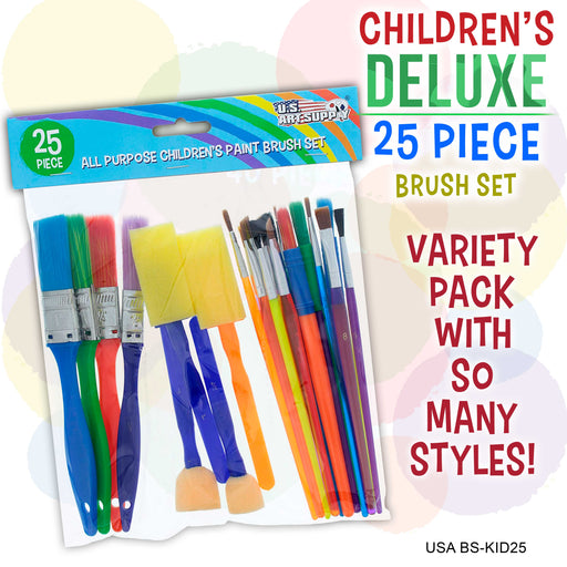 U.S. Art Supply 25-Piece Children's All Purpose Paint Brush Set - 6 Types, Flat, Round, Chip, Mop, Foam Tipped Brushes - Kid's Party, Student Painting