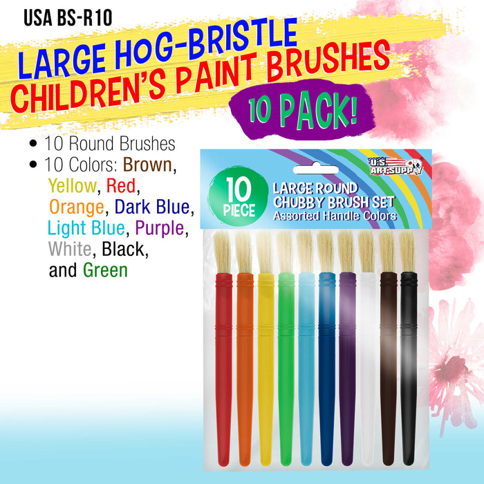 U.S. Art Supply 10-Piece Large Round Children's Chubby Hog Bristle Tempera Paint Brush Set - Fun Kid's Party, School, Student, Class Craft Painting