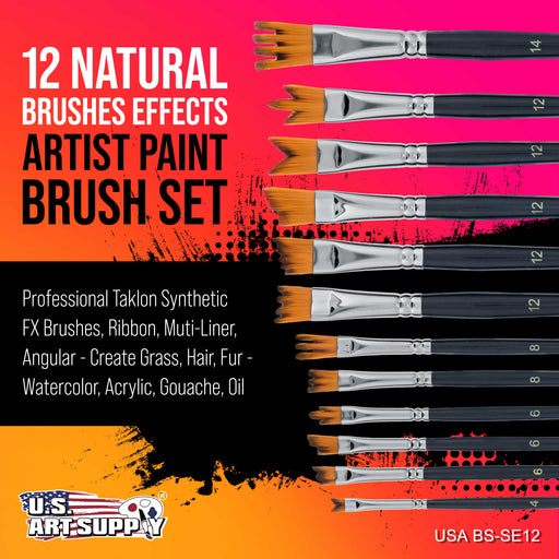12 Piece Special Effects Artist Paint Brush Set - Taklon Synthetic FX Brushes, Ribbon, Muti-Liner, Angular - Watercolor, Acrylic, Oil