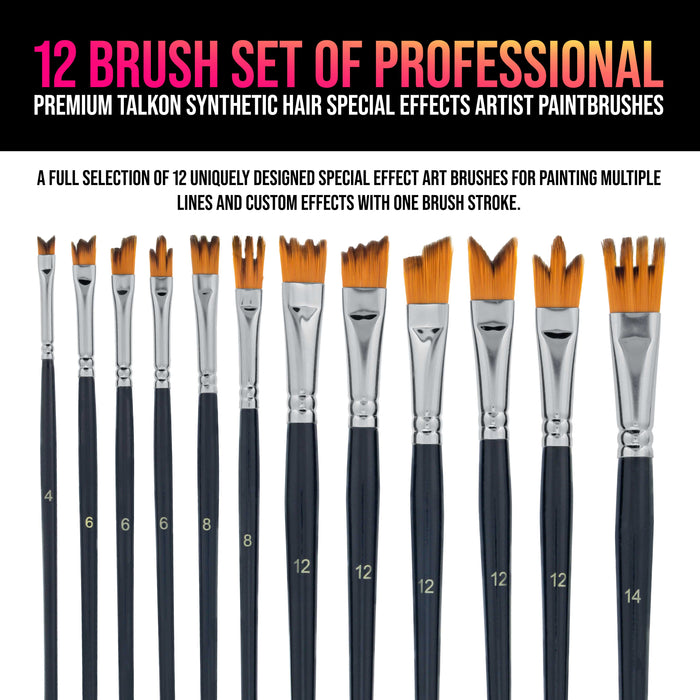 12 Piece Special Effects Artist Paint Brush Set - Taklon Synthetic FX Brushes, Ribbon, Muti-Liner, Angular - Watercolor, Acrylic, Oil
