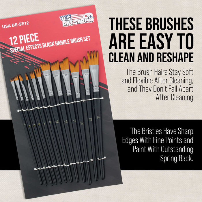 12 Piece Special Effects Artist Paint Brush Set - Taklon Synthetic FX Brushes, Ribbon, Muti-Liner, Angular - Watercolor, Acrylic, Oil