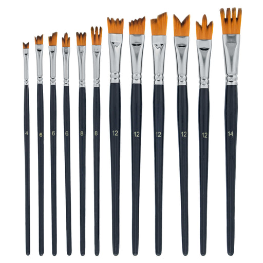 12 Piece Special Effects Artist Paint Brush Set - Taklon Synthetic FX Brushes, Ribbon, Muti-Liner, Angular - Watercolor, Acrylic, Oil