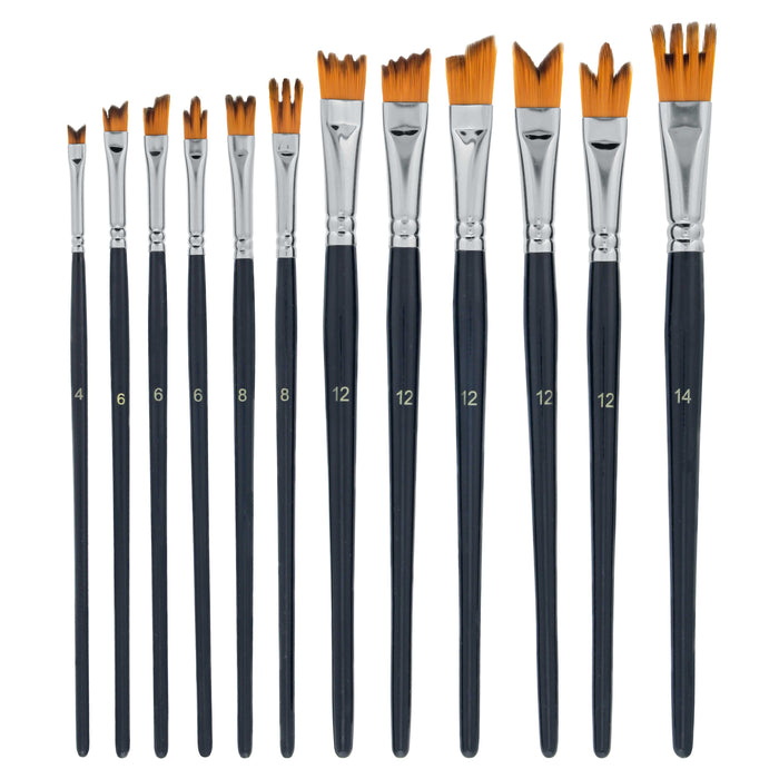12 Piece Special Effects Artist Paint Brush Set - Taklon Synthetic FX Brushes, Ribbon, Muti-Liner, Angular - Watercolor, Acrylic, Oil