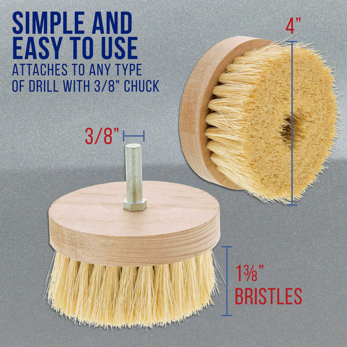 4" Wide Chalk and Wax Buffing Brush with 3/8" Drill Arbor - Unique Beechwood Base Design Prevents Water Damage, All Natural 1-3/8" Bristles