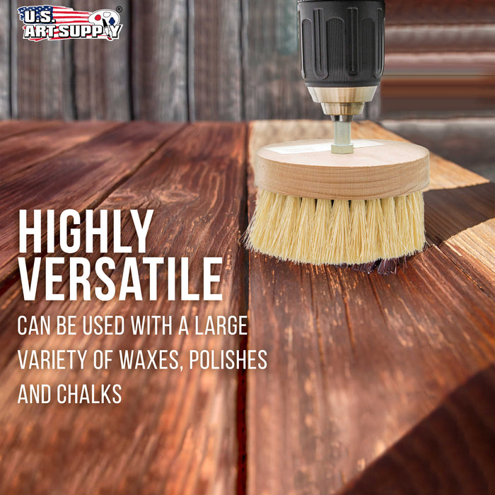 4" Wide Chalk and Wax Buffing Brush with 3/8" Drill Arbor - Unique Beechwood Base Design Prevents Water Damage, All Natural 1-3/8" Bristles