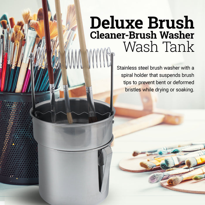 Stainless Steel Paint Brush Washer with Wash Tank, Spiral Holder, and Sediment Grate - Oil Paint Brush Cleaner for Artists