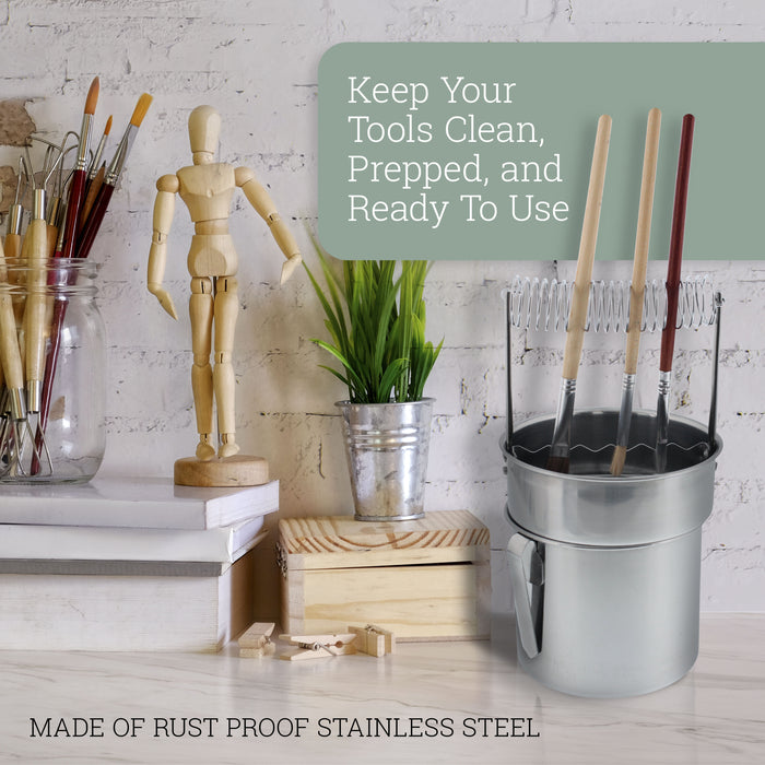 Stainless Steel Paint Brush Washer with Wash Tank, Spiral Holder, and Sediment Grate - Oil Paint Brush Cleaner for Artists
