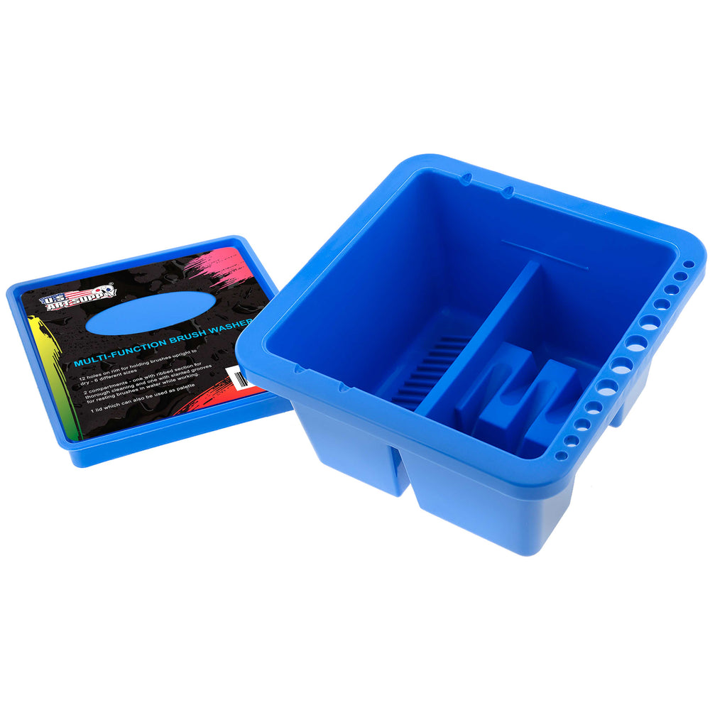 12 Hole Multi-Function Plastic Brush Washer, Cleaner & Holder with Palette Lid - Clean, Dry, Rest, Store, Hold Artist Paint Brushes - Cleaning Acrylic