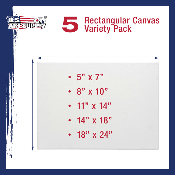 5 Assorted Rectangular Sized Stretched Artist Paint Canvases (5 Pack) 1-each of 18x24", 14x18", 11x14", 8x10", 5x7"