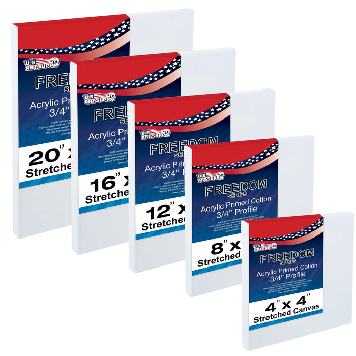 5 Assorted Square Sized Stretched Artist Paint Canvases (5 Pack) 1-each of 20x20", 16x16", 12x12", 8x8", 4x4"