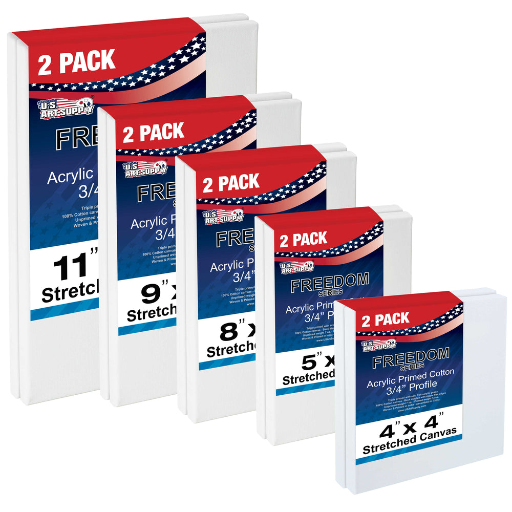 Multi-Pack 2-Ea of 4x4, 5x7, 8x10, 9x12, 11x14. Professional Quality Small 12oz Primed Gesso Artist Stretched Canvas