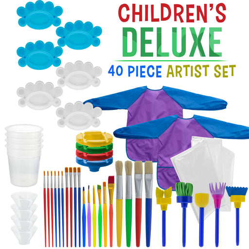 U.S. Art Supply 40-Piece Children's Art Painting Supplies and Accessories Kit - 25 Brushes, 4 No-Spill Paint Cups, 6 Palettes, 2 Kids Smocks, 3 Cloths