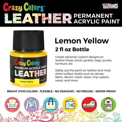 Lemon Yellow Premium Acrylic Leather and Shoe Paint, 2 oz Bottle - Flexible, Crack, Scratch, Peel Resistant - Artist Create Custom Sneakers, Jackets, Bags, Purses, Furniture Artwork