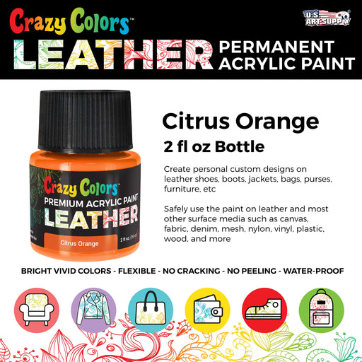 Citrus Orange Premium Acrylic Leather and Shoe Paint, 2 oz Bottle - Flexible, Crack, Scratch, Peel Resistant - Artist Create Custom Sneakers, Jackets, Bags, Purses, Furniture Artwork