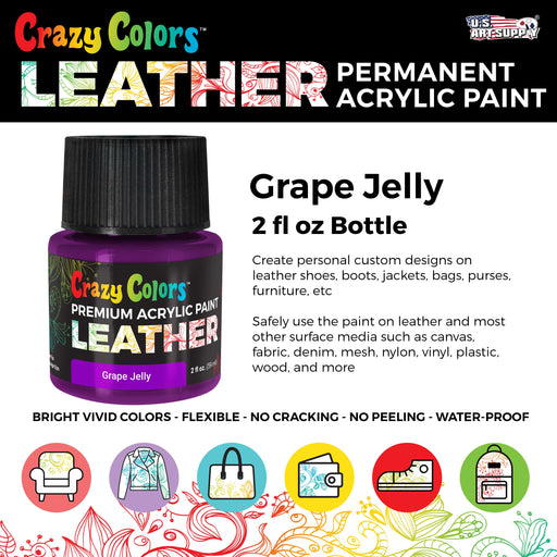 Grape Jelly Premium Acrylic Leather and Shoe Paint, 2 oz Bottle - Flexible, Crack, Scratch, Peel Resistant - Artist Create Custom Sneakers, Jackets, Bags, Purses, Furniture Artwork