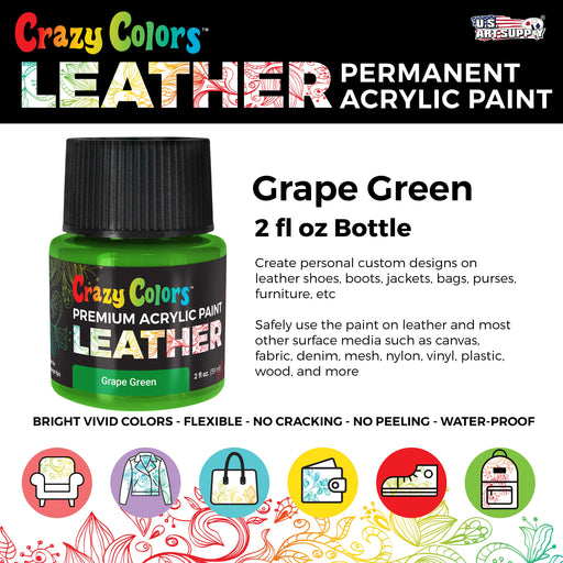 Grass Green Premium Acrylic Leather and Shoe Paint, 2 oz Bottle - Flexible, Crack, Scratch, Peel Resistant - Artist Create Custom Sneakers, Jackets, Bags, Purses, Furniture Artwork