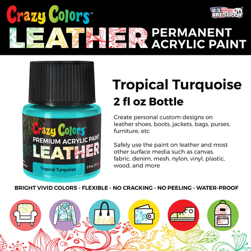 Tropical Turquoise Premium Acrylic Leather and Shoe Paint, 2 oz Bottle - Flexible, Crack, Scratch, Peel Resistant - Artist Create Custom Sneakers, Jackets, Bags, Purses, Furniture