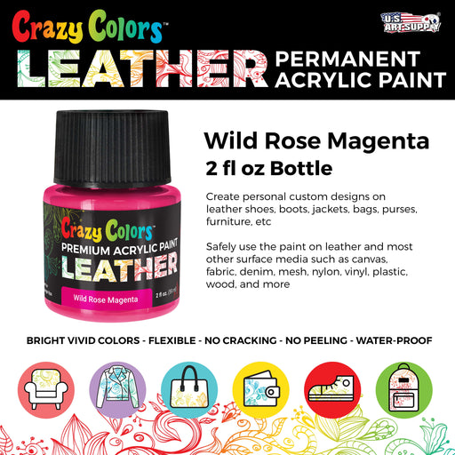 Wild Rose Magenta Premium Acrylic Leather and Shoe Paint, 2 oz Bottle - Flexible, Crack, Scratch, Peel Resistant - Artist Create Custom Sneakers, Jackets, Bags, Purses, Furniture