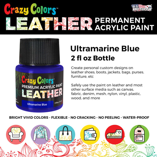 Ultra Marine Blue Premium Acrylic Leather and Shoe Paint, 2 oz Bottle - Flexible, Crack, Scratch, Peel Resistant - Artist Create Custom Sneakers, Jackets, Bags, Purses, Furniture