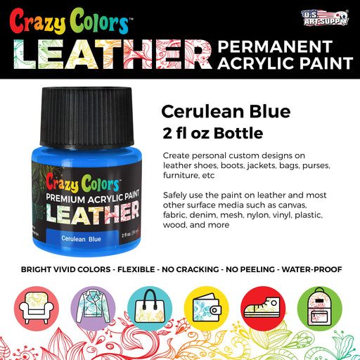 Cerulean Blue Premium Acrylic Leather and Shoe Paint, 2 oz Bottle - Flexible, Crack, Scratch, Peel Resistant - Artist Create Custom Sneakers, Jackets, Bags, Purses, Furniture Artwork